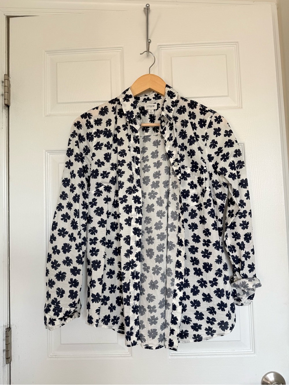 J. Crew White Shirt Jacket with Navy Floral Print